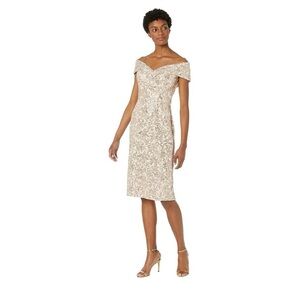 XSCAPE Short Sequin Lace Off The Shoulder Dress Sand Size 16 NWT